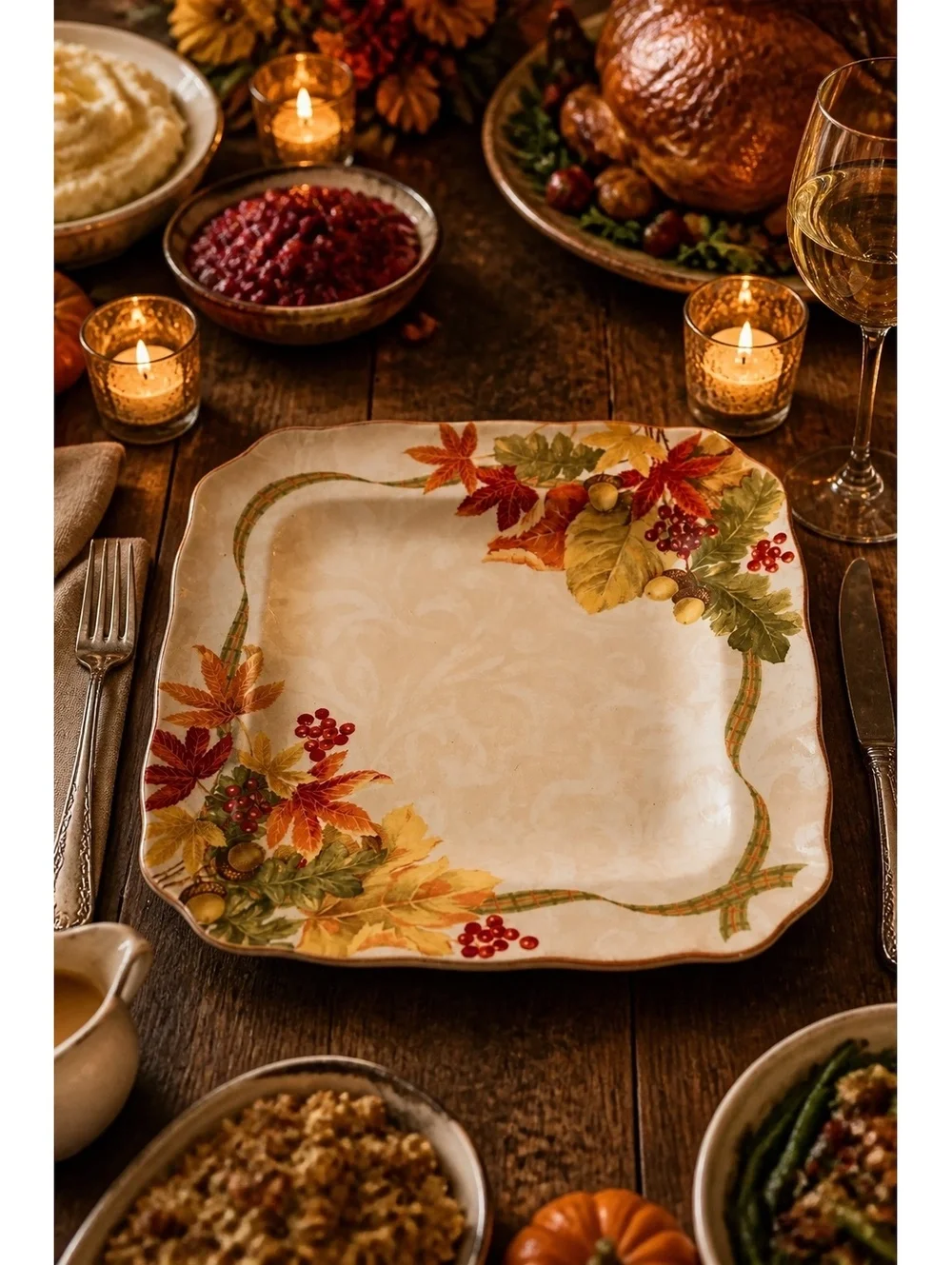 Dinner Plates 222 Fifth Autumn Celebration Leaves Design Square Set of 8